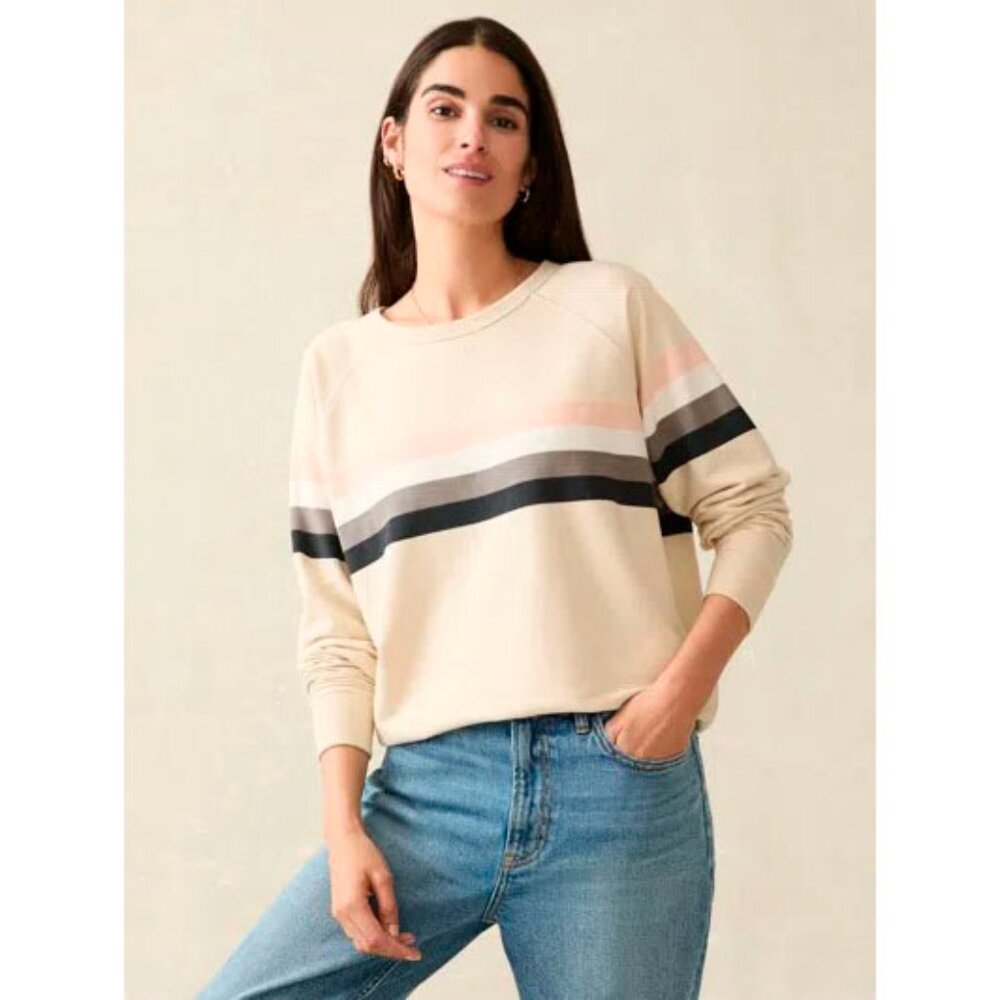 NWT WOMEN'S FAHERTY COASTAL CLOUD CREW SWEATSHIRT SANDBAR STRIPE